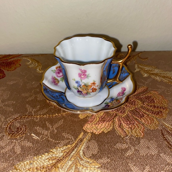 Limoges Blue and Gold Floral Teacup and Saucer - Picture 1 of 5